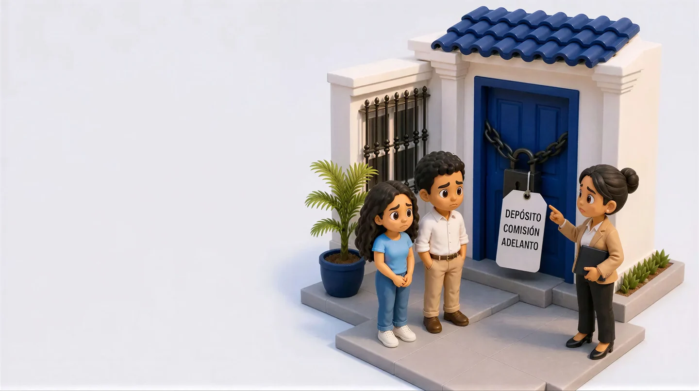 La puerta está cerrada con cadena y candado; la etiqueta dice depósito, comisión, adelanto. La agente la señala y la pareja se ve preocupada.